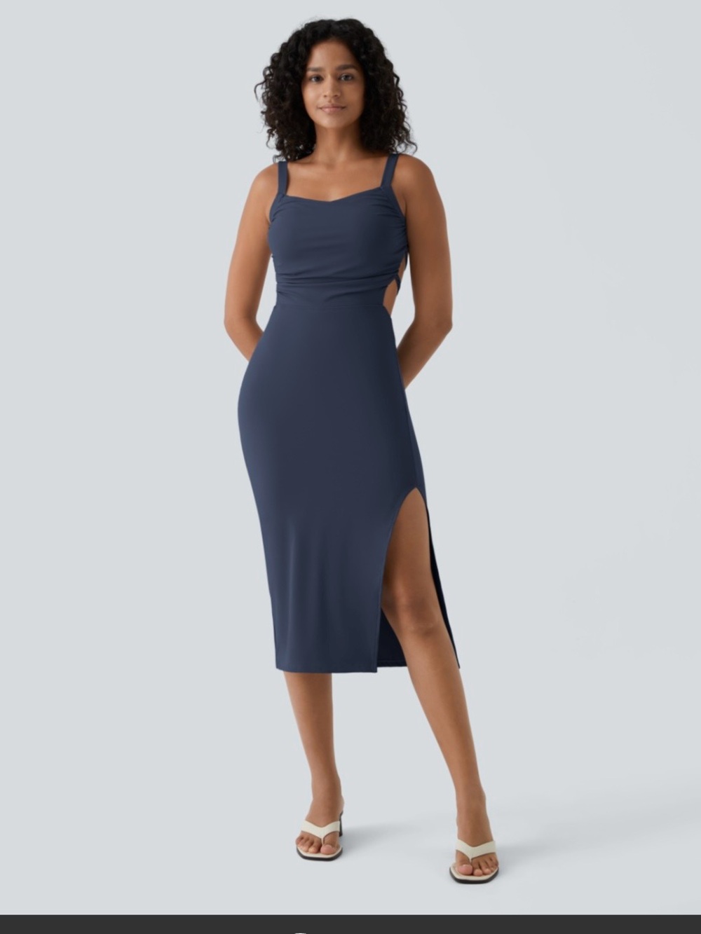 HALARA Navy Blue Midi Dress with Side Slit